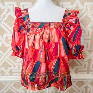 Marie Oliver size Small Colorful Puff Short Sleeve Geometric Embroidered Top S